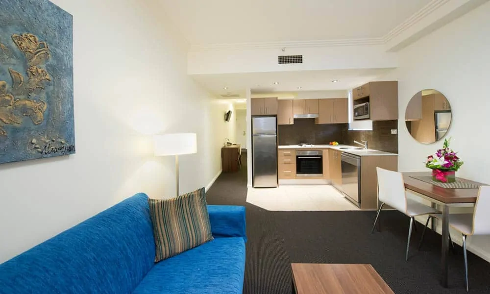 Apartments clean and comfortable executive studio apartments kitchen and dining area in World Square Sydney Australia | Sydney hotels
