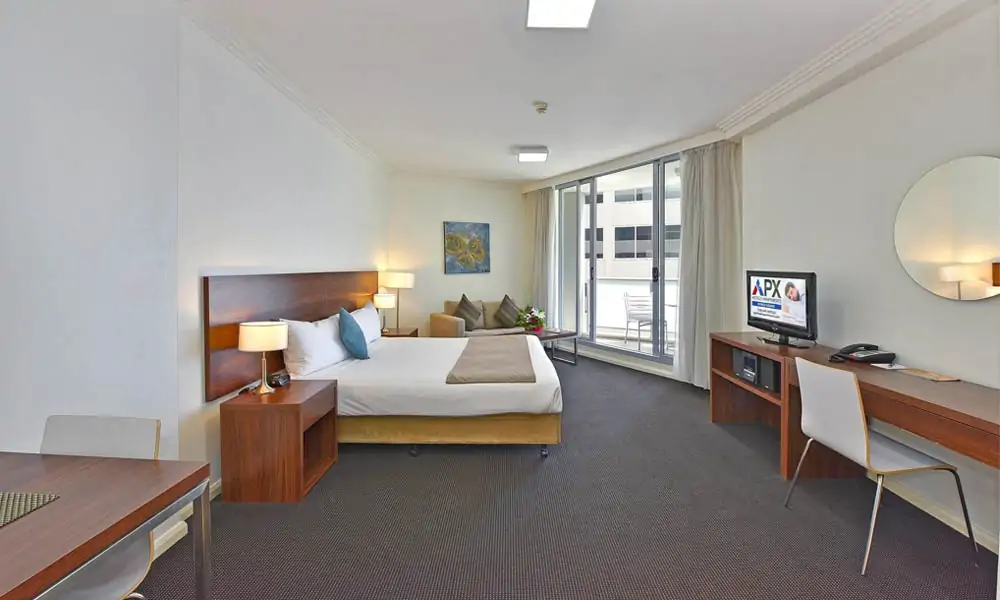 APX Hotels Apartments clean and relaxing executive studio apartments hotel accommodation with balcony in APX World Square Sydney Australia