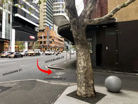Turn left into Cunningham street from Goulburn street | APX Darling Harbour | hotel parking instruction