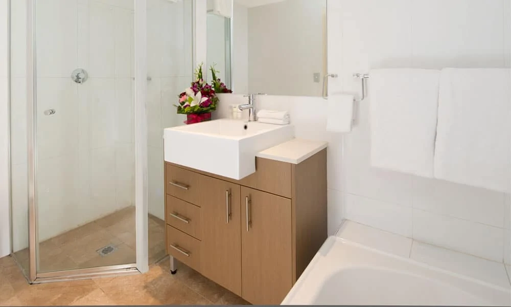 APX World Square apartments clean and spacious one bedroom bathroom in APX Hotels Apartments Sydney Australia