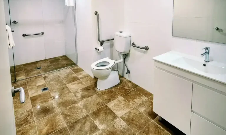 Accessible bathroom with grab rails and walk-in shower at APX World Square